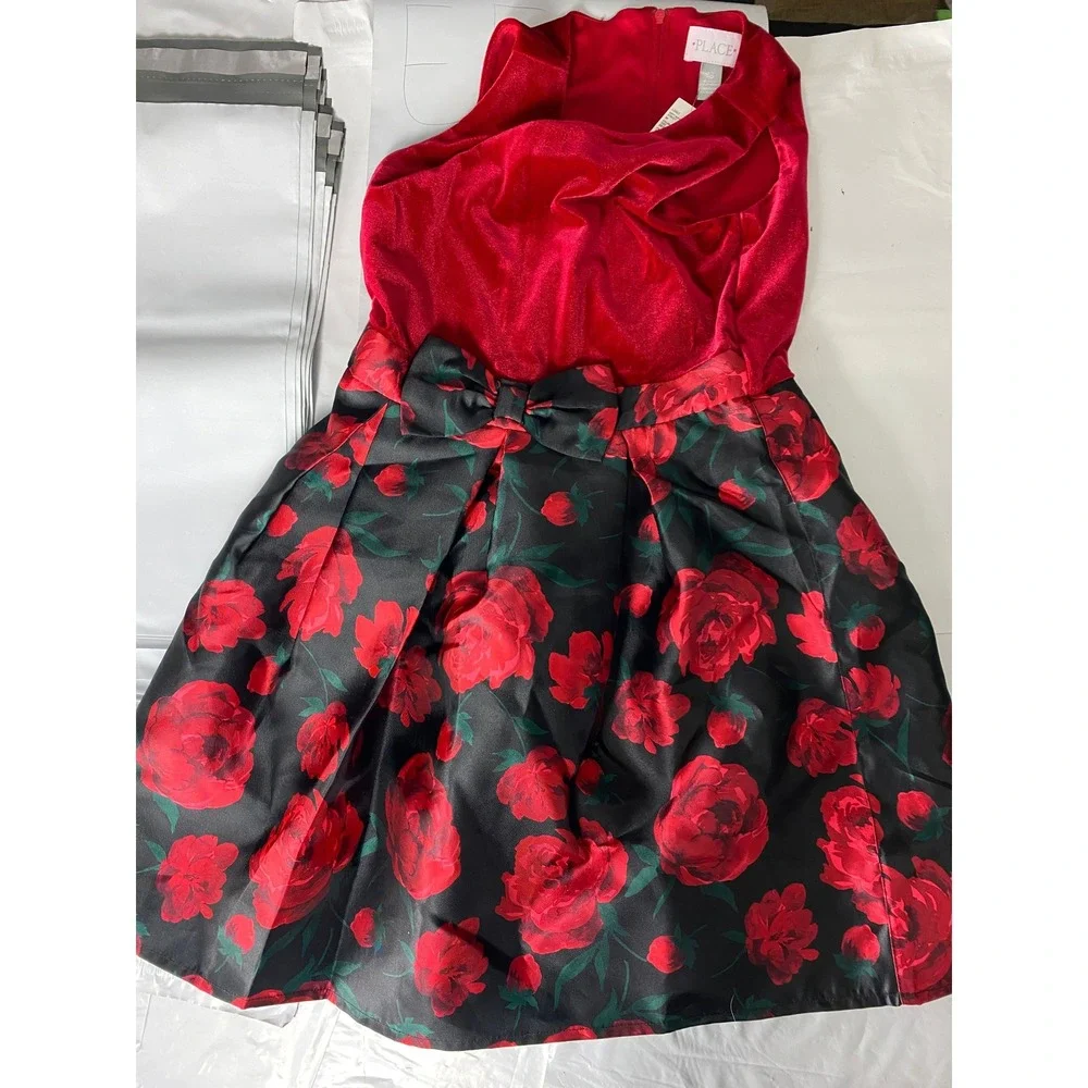 The Childrens Place Girls Red Velvet Floral Rose Holiday Party Dress Size 12 NWT